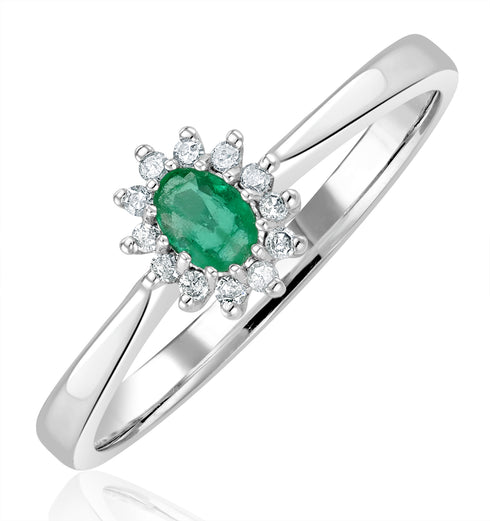 Emerald 4 x 3mm And Diamond 9K White Gold Ring